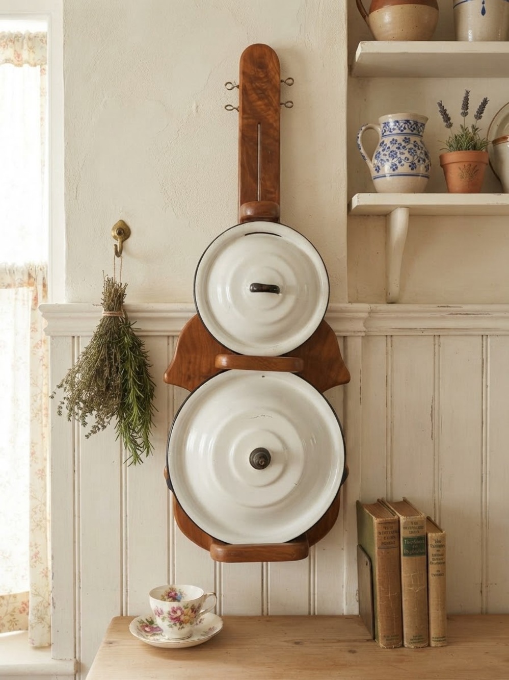 VTG Wooden Fiddle Pot Lid Wall Holder Rack w/VTG Enamelware Lids